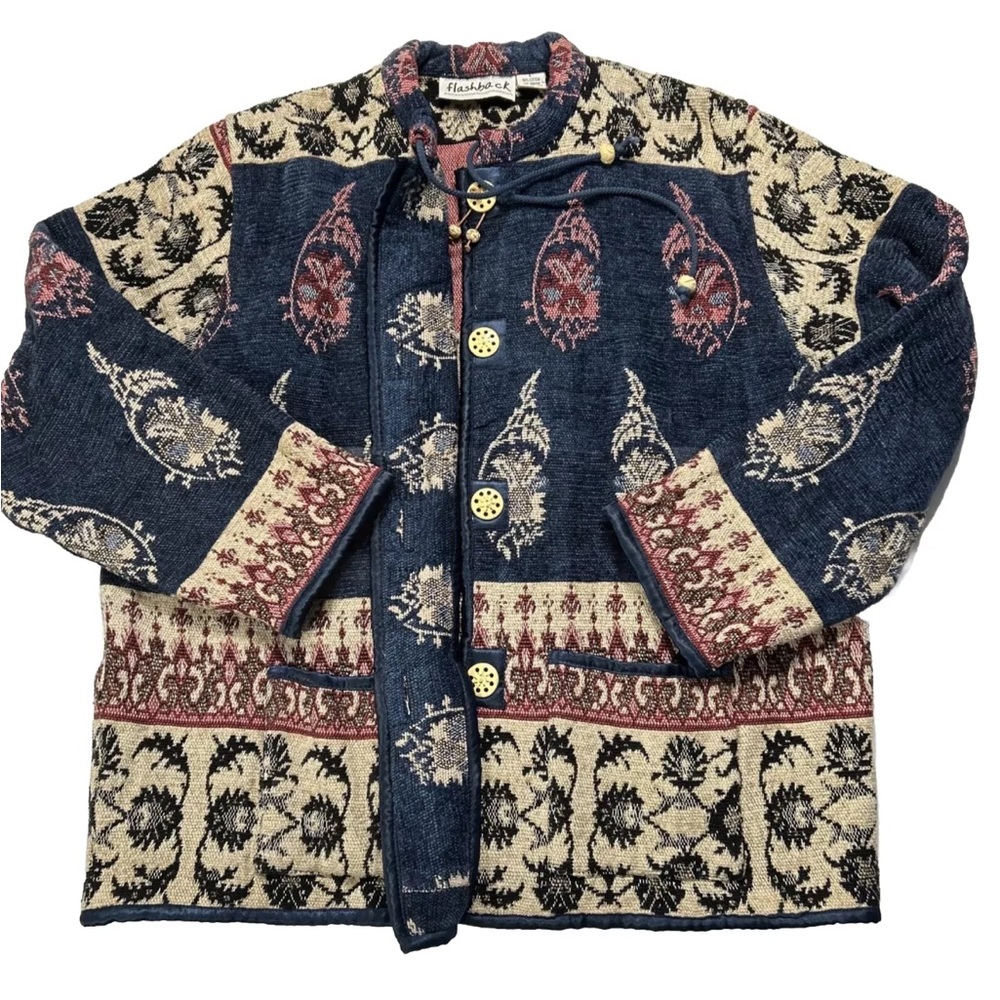 Women's Flashback Tapestry Cardigan Jacket Embroidered Ceramic Buttons size L